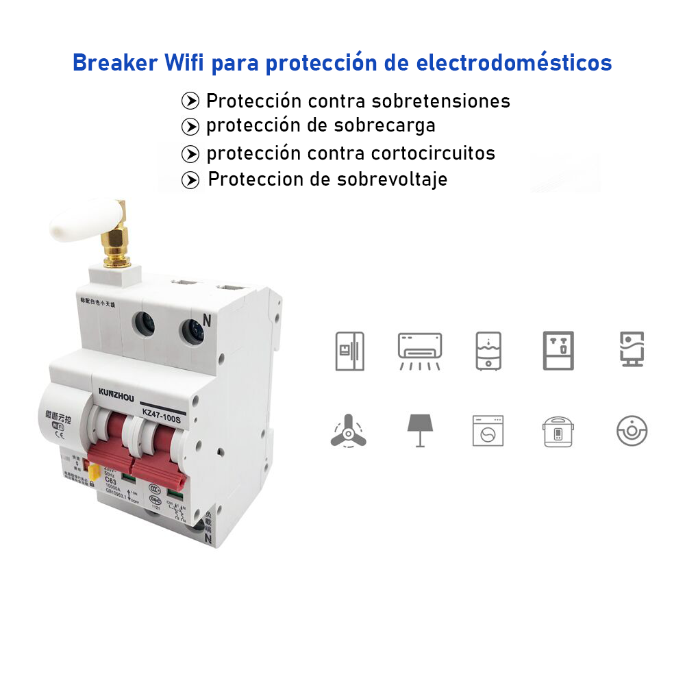 Interruptor Automático,Interruptor Diferencial 100W 3P Din Rail WiFi  Disyuntor inteligente Interruptor automático Sobrecarga Protección contra